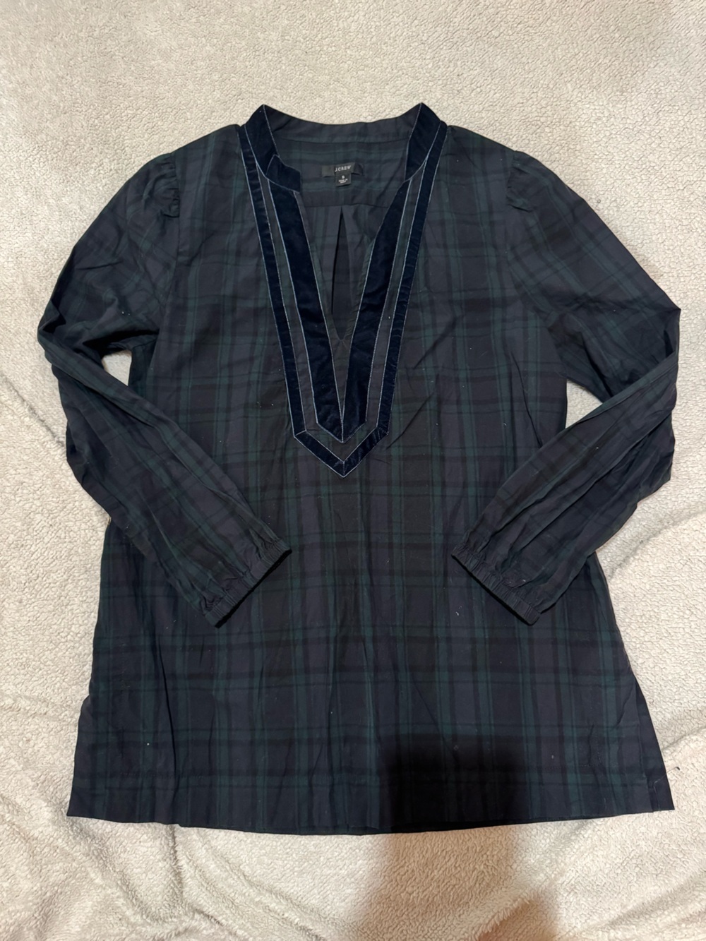 J. Crew Plaid Long Sleeve Tunic with Velvet Trim